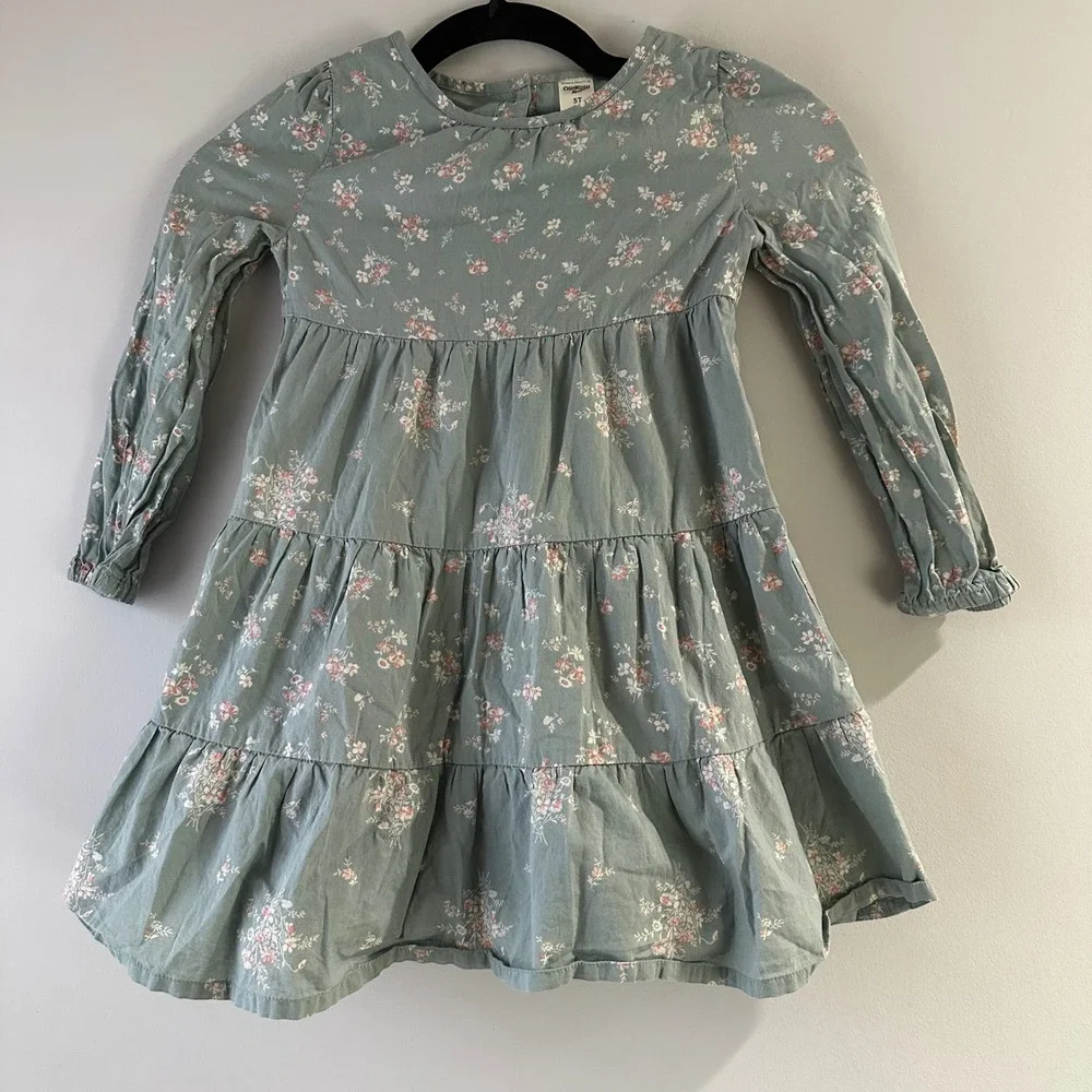 OshKosh B'gosh‎ Tiered Floral Dress Girls 5T Sage Green Excellent Long Sleeve